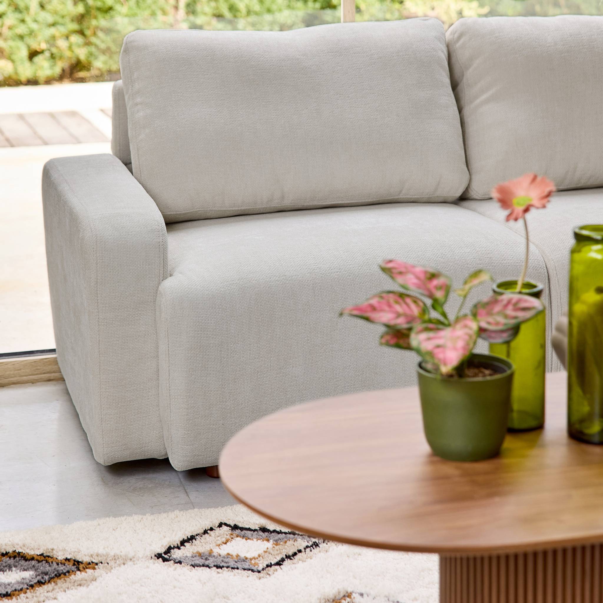 Canapé d'angle droite 3 places tissu gris clair L 260 x P 88 / 139cm / x H 87cm - Dany