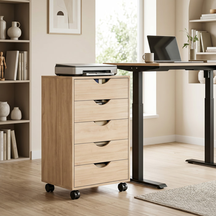 Caisson bureau 5 tiroirs mobile dim. 40x40x67cm effet bois clair