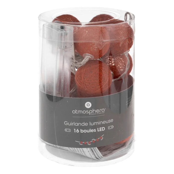 Guirlande LED à pile - 16 boules - coton et cuivre - rose terracotta - D3 - 5 cm