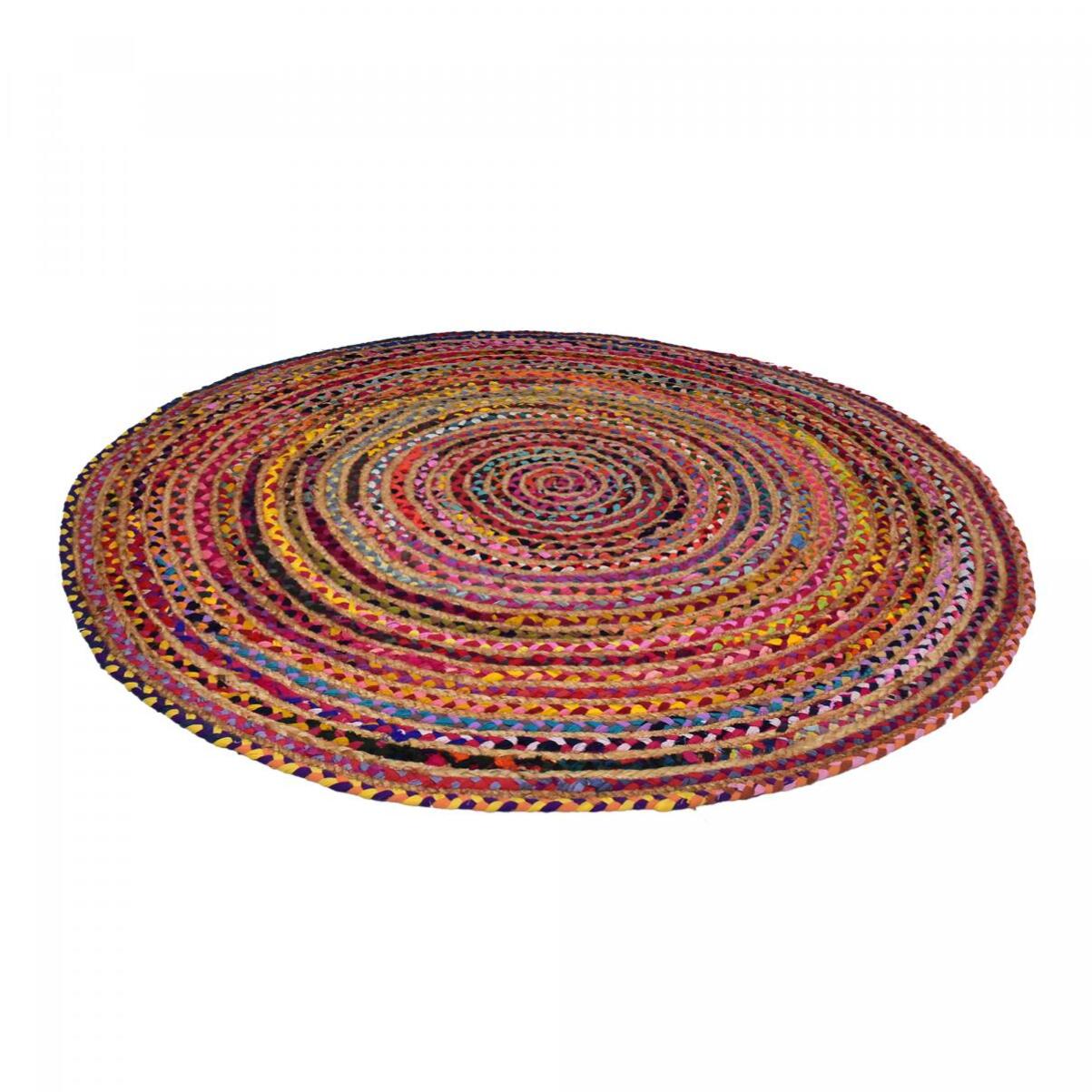 Tapis rond fait à la main en tissu recyclé motif ethnique DECU