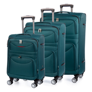 Set di 3 valigie Trolley espandibili in tessuto, semi-rigide. Chiusura numerica, 4 ruote girevoli a 360°.