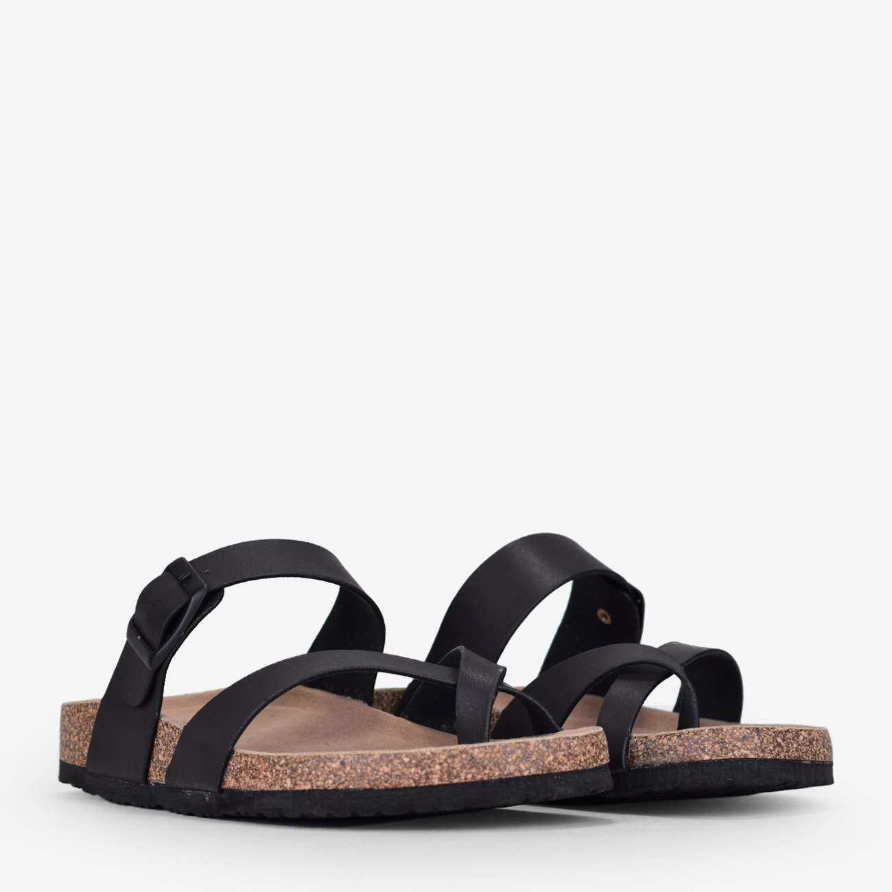 Sandalias de dedo planas negras con suela de corcho