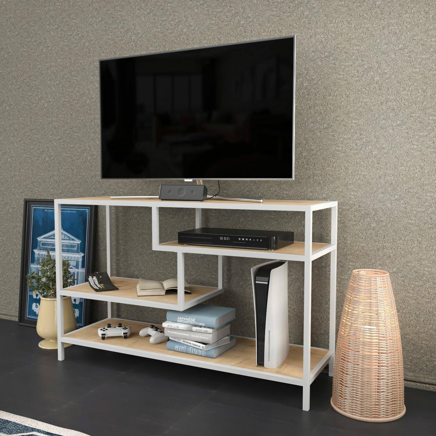 Mobile porta TV Dplizzar, Credenza da soggiorno, Armadio basso per TV, Base parete attrezzata, 120x39h75 cm, Bianco e Rovere