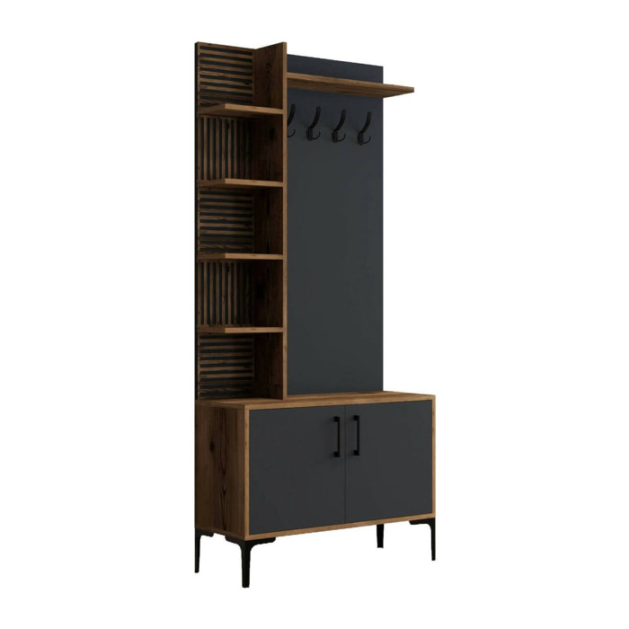 Mobile da ingresso Anja, Entratina appendiabiti, Composizione per atrio, Consolle portaoggetti multifunzione, 90x35h200 cm, Noce e Antracite