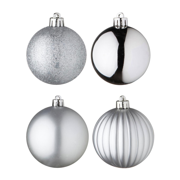 set de 100 bolas de navidad color plata en tubo pet con diferentes diseños y acabados