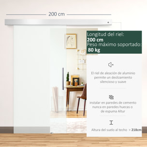 Puerta Corredera 102,5x205 cm Puerta Corrediza de Cristal con Riel Silenciosa para Sala de Estar Comedor Translúcido