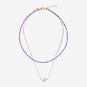 Doppia Collana Girocollo con Quarzite Viola e Maglia Forzatina con Perla Ming Bianca Ø 11 mm in Argento 925 placcato Oro rosa 18Kt