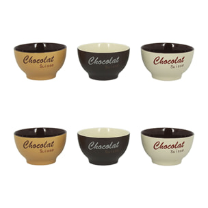 Lot de 6 bols en grès 3 couleurs assorties 14cm CHOCOLAT SUISSE