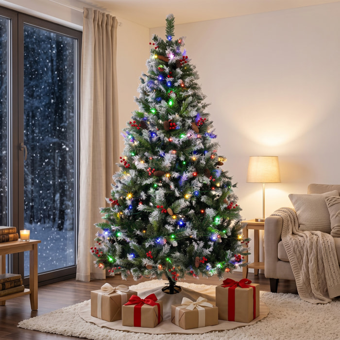 HOMCOM Árbol de Navidad con 400 LED Blanco Cálido y Multicolor, 210 cm, Árbol de Navidad Nevado, 1253 Ramas, 11 Modos, 44 Piñas y 44 Racimos de Bayas, Mando a Distancia, Base de Acero Plegable, Verde