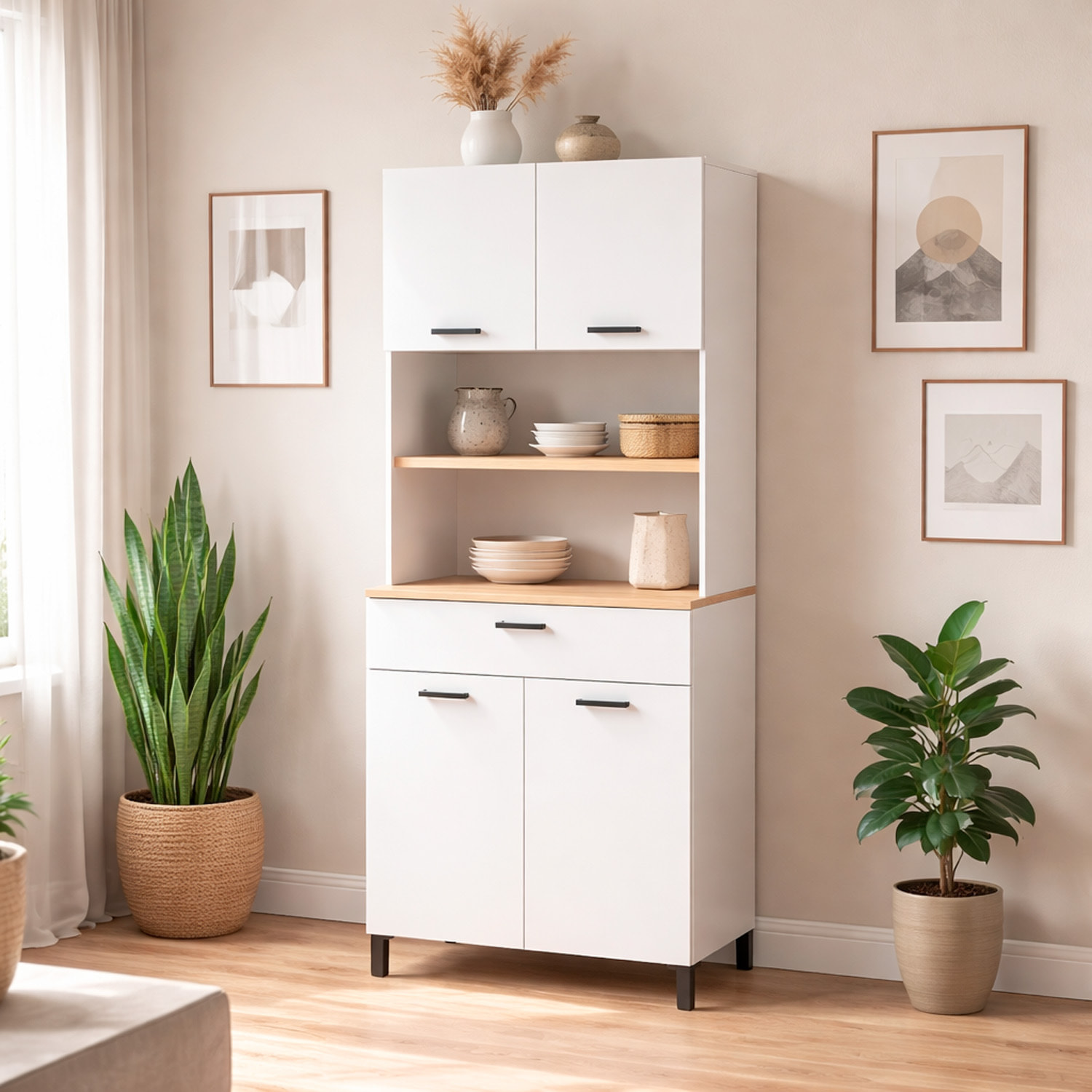 Mobile Dispensa Multiuso con 4 Ante 1 Cassetto E Vano Per Elettrodomestici Con Ripiani Interni Piano Appoggio 72 x 185 x 40 Cm Colore Bianco E Rovere
