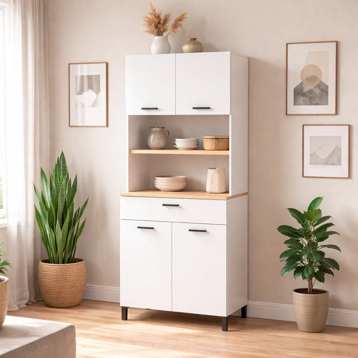 Mobile Dispensa Multiuso con 4 Ante 1 Cassetto E Vano Per Elettrodomestici Con Ripiani Interni Piano Appoggio 72 x 185 x 40 Cm Colore Bianco E Rovere
