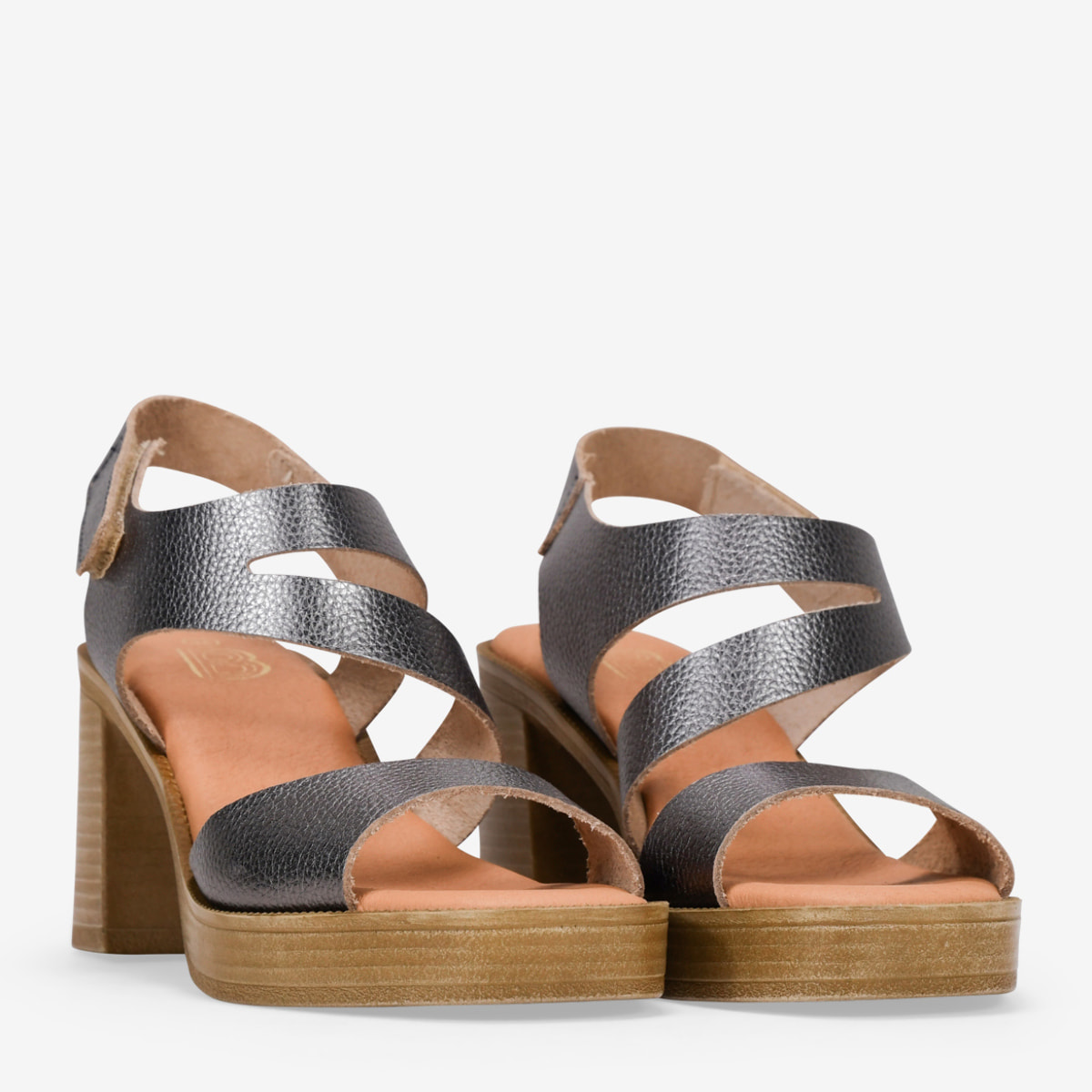 Sandalias de tacón plomo en piel con cierre de velcro