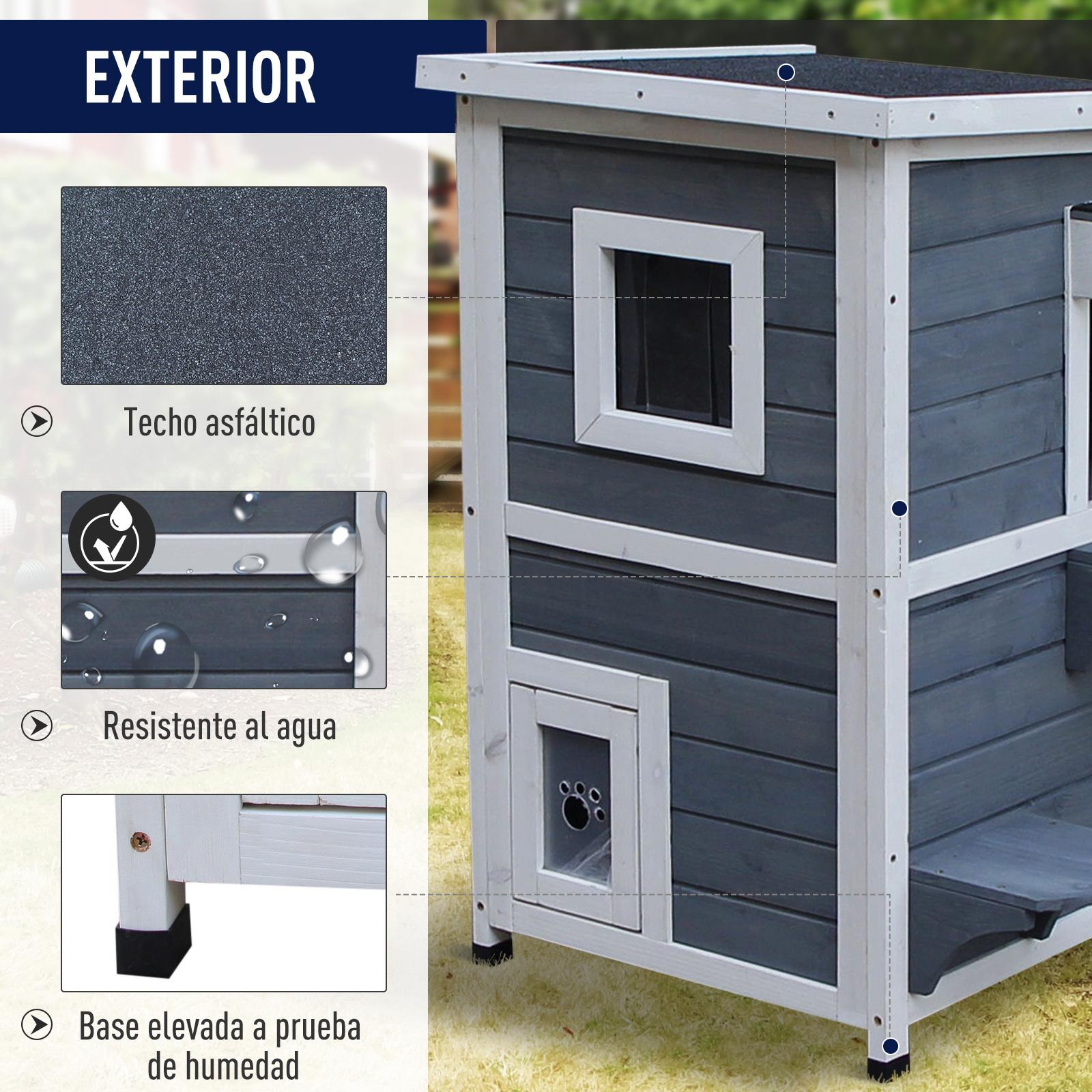 Caseta para Gatos de Madera Exterior Casa para Gatos de 2 Pisos con Techo Abrible Ventanas y 2 Plataformas para Terraza Balcón Jardín 51x51x81,3 cm Gris