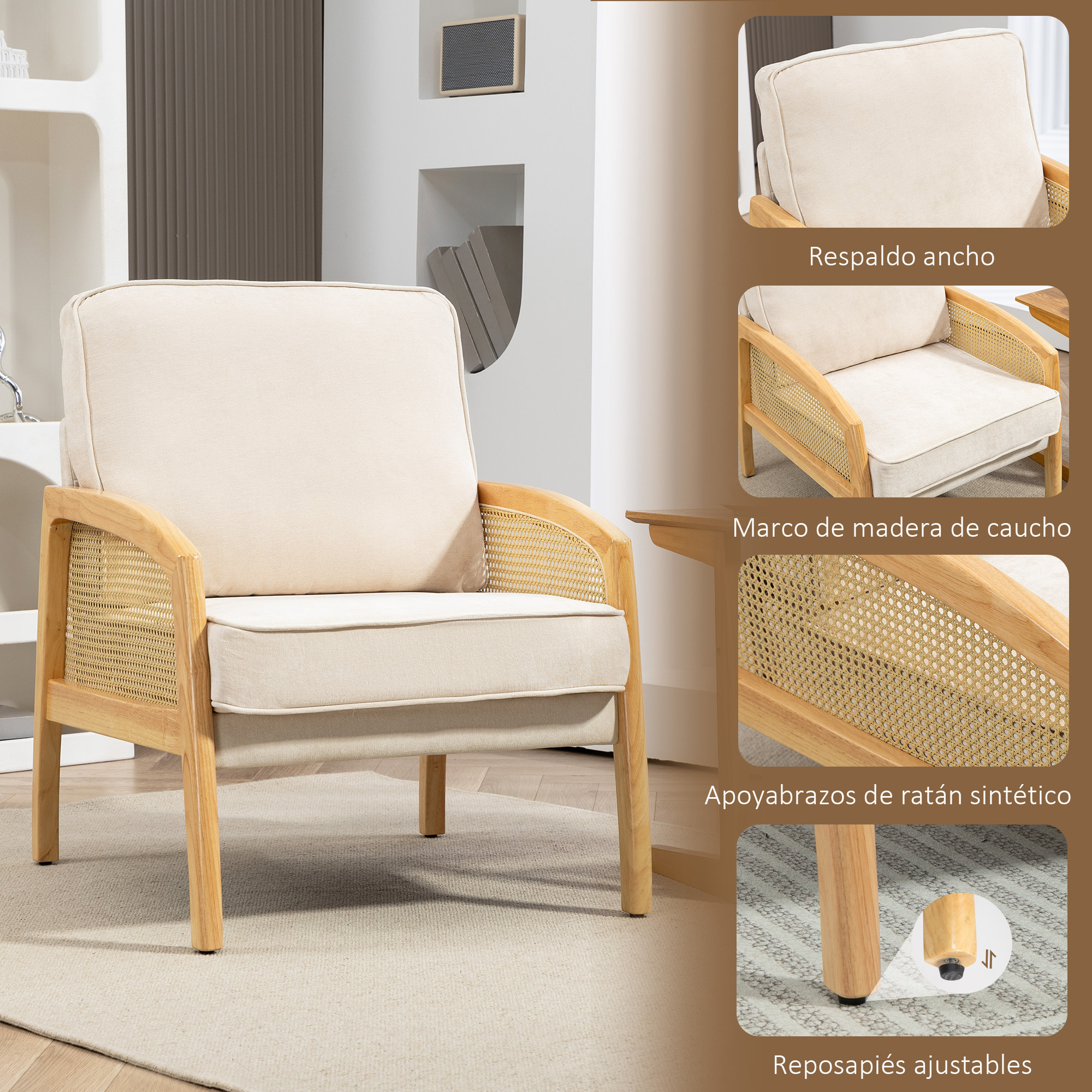 Sillón de Salón Moderno Butaca para Dormitorio con Reposabrazos de Ratán Cojín Extraíble y Patas de Madera Sofá Individual Carga 120 kg para Oficina Sala de Estar Beige