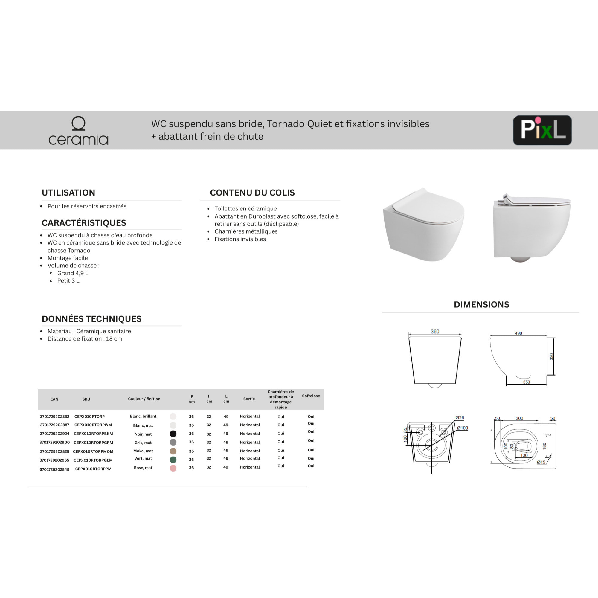 PixL WC suspendu en céramique Vortex , fixations invisibles + abattant Soft-Close, Blanc brillant (CEPX010RTORP)