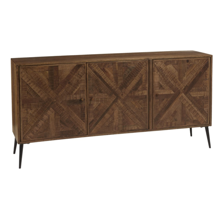 KIARA - Buffet 3 portes bois recyclé formes symétriques pieds métal