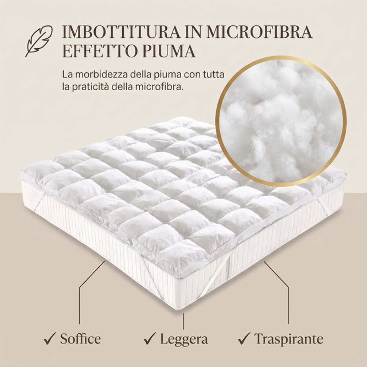 Topper Materasso Effetto Piuma in Microfibra con Imbottitura Siliconata 850 g/m², Impermeabile e Trapuntato con Angoli Elasticizzati, Extra Morbido e Confortevole