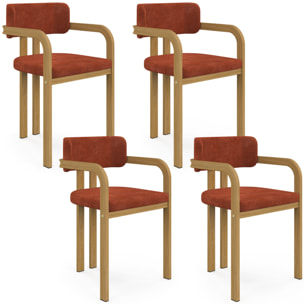 Chaises Elsa avec accoudoirs tissu chenille terracotta pieds effet bois - lot de 4