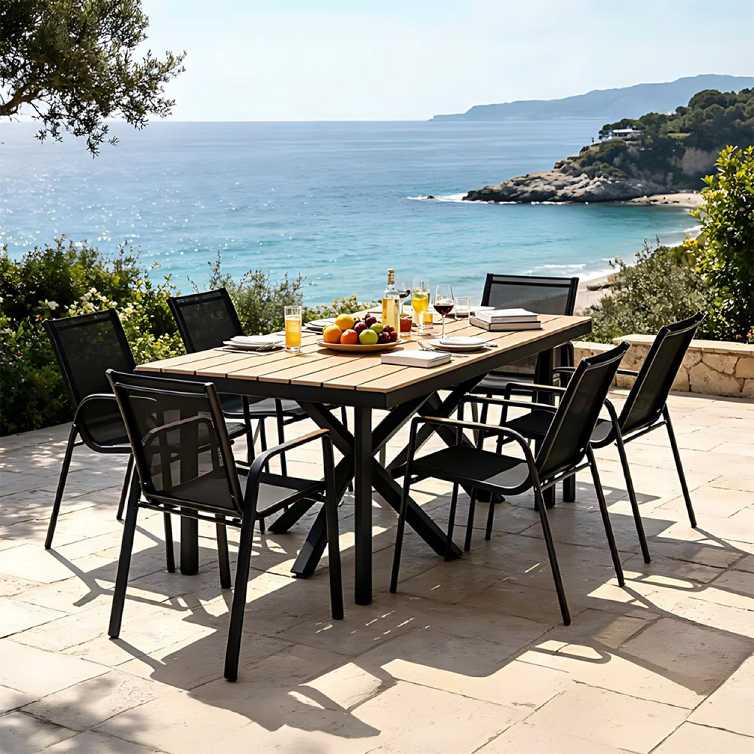 Ensemble de jardin table 190cm effet bois + 6 fauteuils SODRE