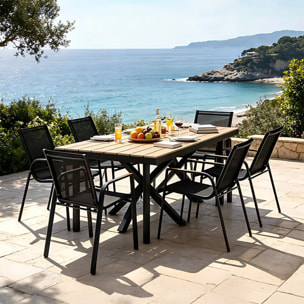 Ensemble de jardin table 190cm effet bois + 6 fauteuils SODRE