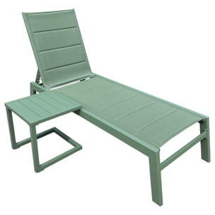 Set bain de soleil et table d'appoint BARBADOS en textilène vert sauge - aluminium vert sauge