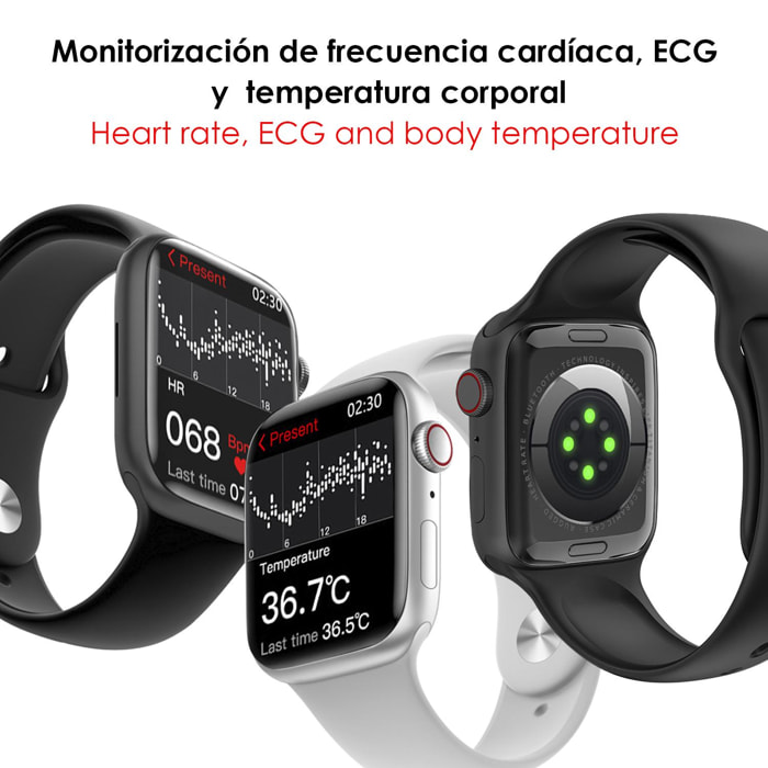 Smartwatch W29 Max con pantalla de 2.1 y modo always on. Monitor cardiaco 24h, O2 en sangre, notificaciones de Apps.
