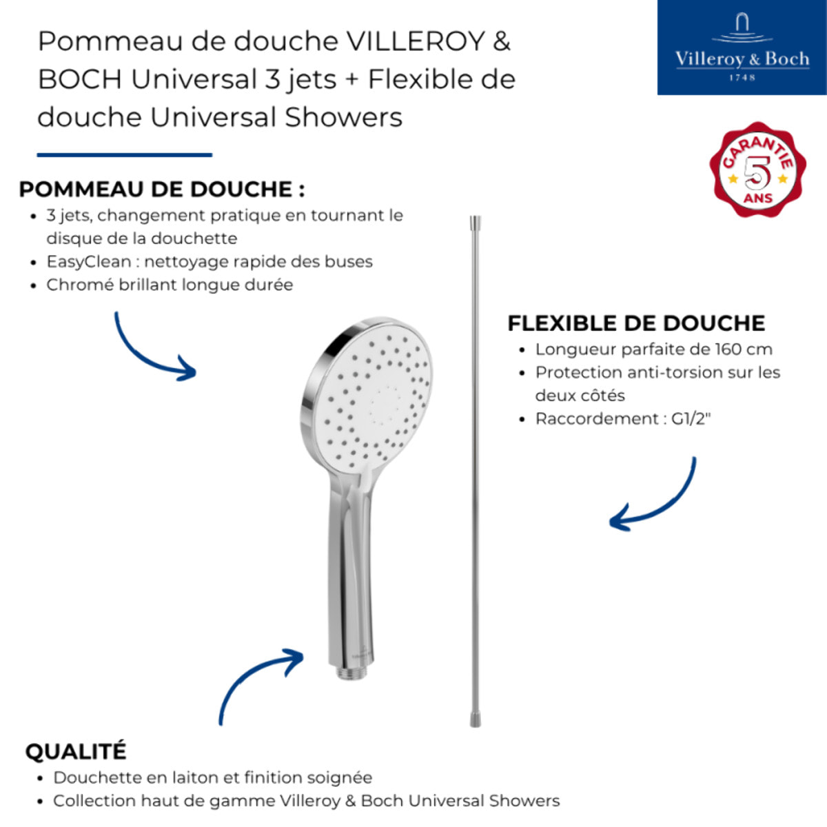 Pommeau de douche VILLEROY & BOCH Universal 3 jets + Flexible de douche Universal Showers 160 cm Chromé