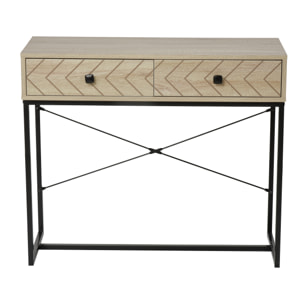 Table console industriel 2 tiroirs bois naturel pieds métal dim. 90 x 35 x 76 cm