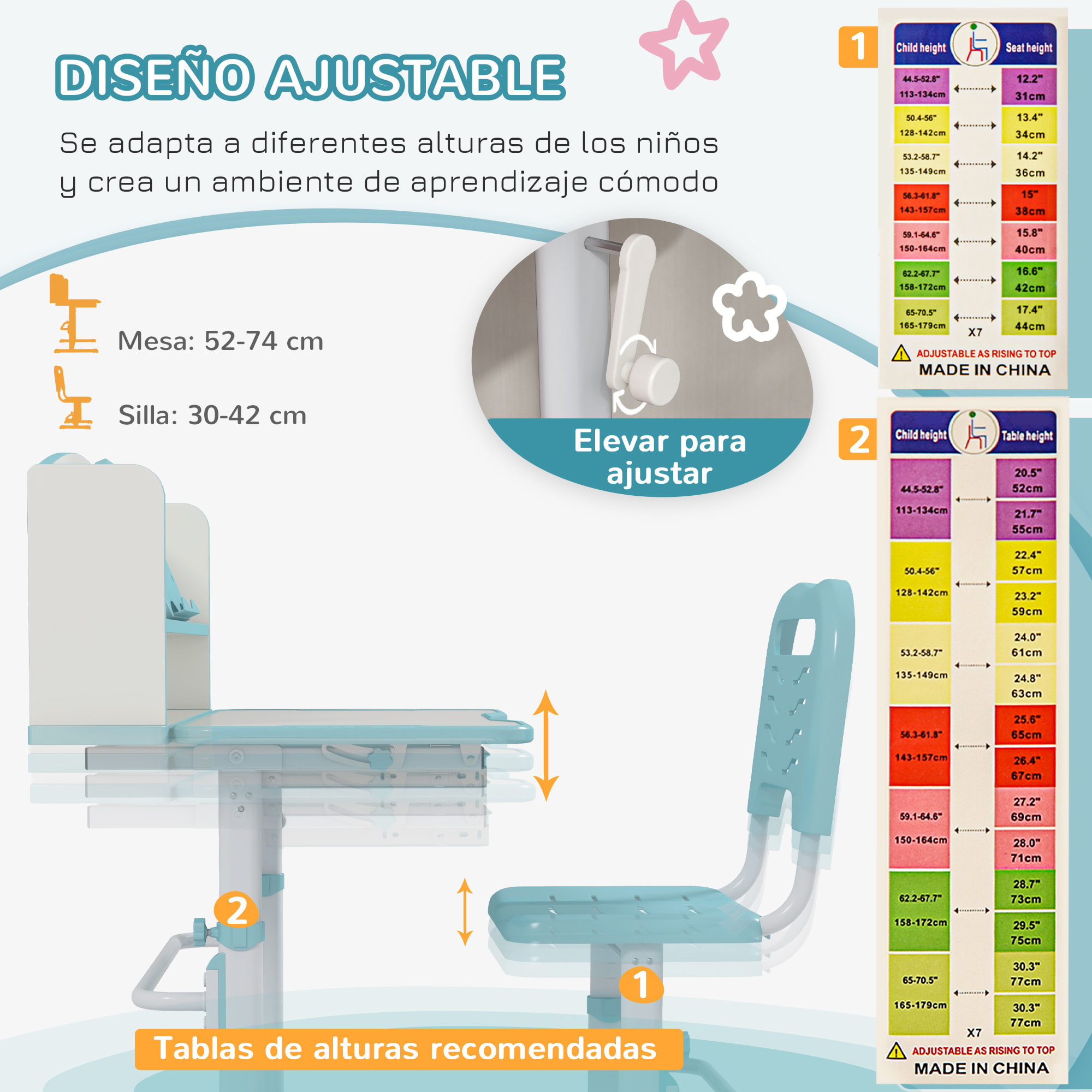 Juego de Escritorio y Silla para Niños de 6-12 Años Pupitre Infantil Altura Ajustable con 1 Cajón 1 Estante para Libros y Ángulo de Mesa Ajustable 80x54,5x82-104 cm Azul y Blanco