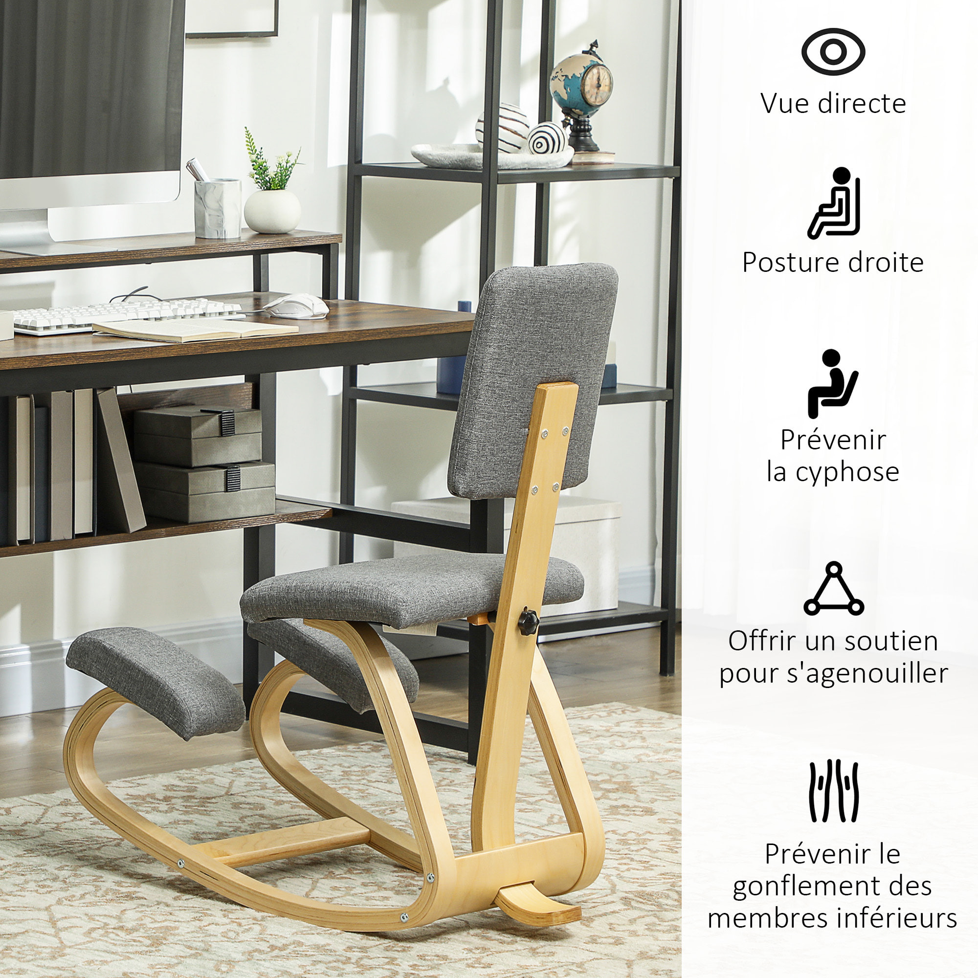 Siège ergonomique - siège assis-genoux - chaise assis genoux avec dossier - bois bouleau tissu gris