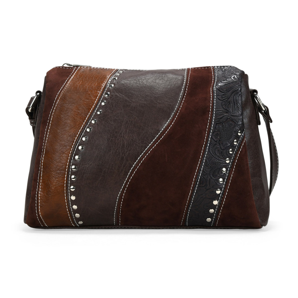 Bolso bandolera marrón con cremallera y tachas