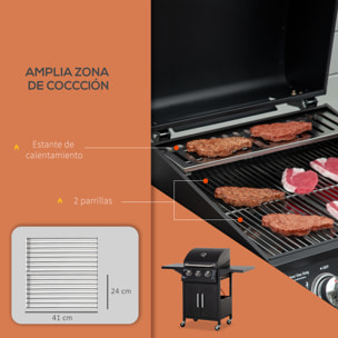 Barbacoa de Gas con 3 Quemadores 8,7 KW Termómetro 2 Parrillas de Gas con 2 Mesas Laterales Armario de 2 Puertas 4 Ruedas y Frenos Acero al Carbono para BBQ 121x55x109 cm Negro