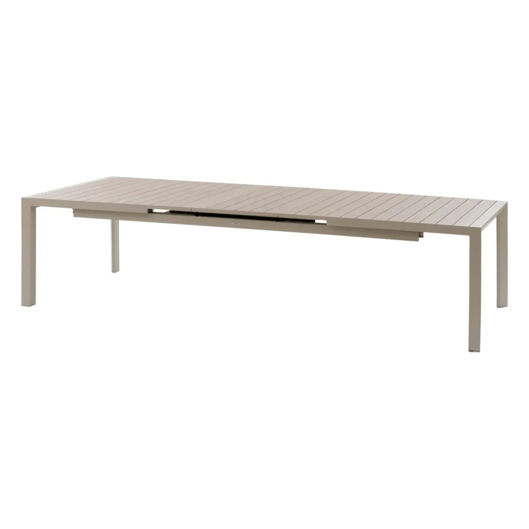 Table de jardin extensible "Évasion" effet bois lin & argile 14 places lates en aluminium