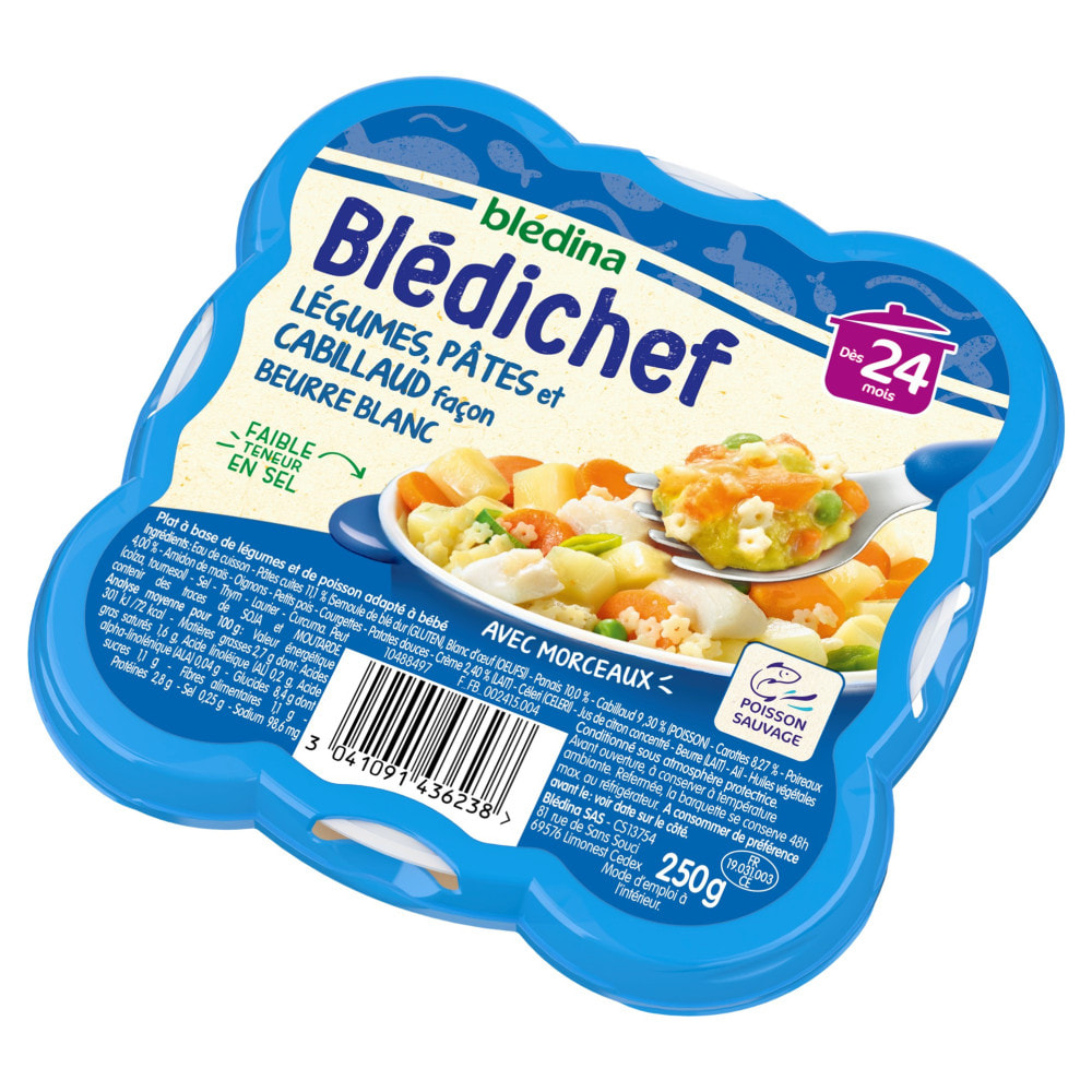 9 Assiettes Légumes, Pâtes et Cabillaud façon Beurre Blanc - Bledina Bledichef - Dès 24 mois