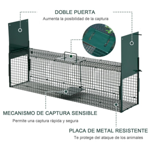 Trampa con 2 Puertas para Atrapar Animales Vivos con Asa 100x25x28 cm Verde