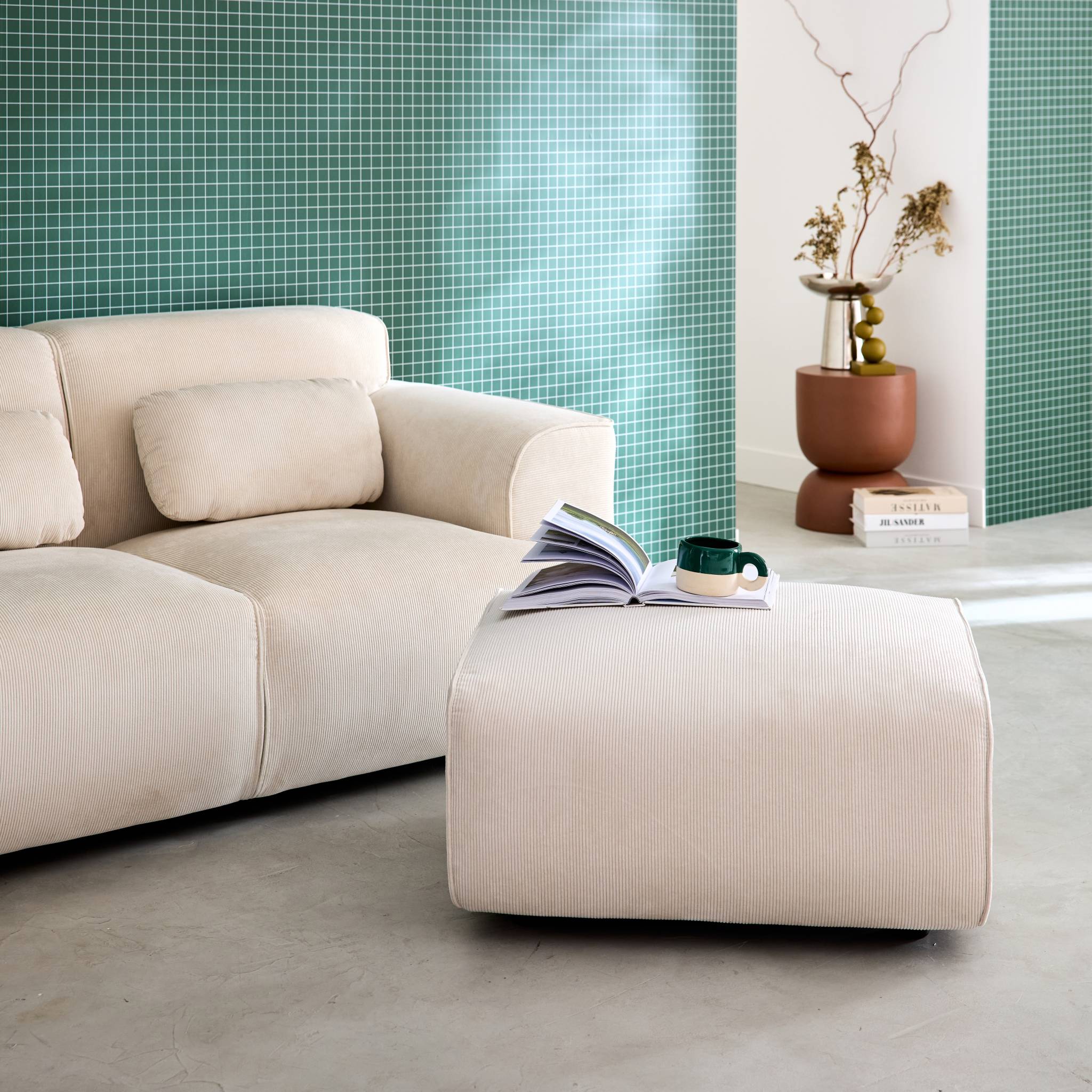 Pouf, repose-pieds pour canapé 2 places velours côtelé WALLAS