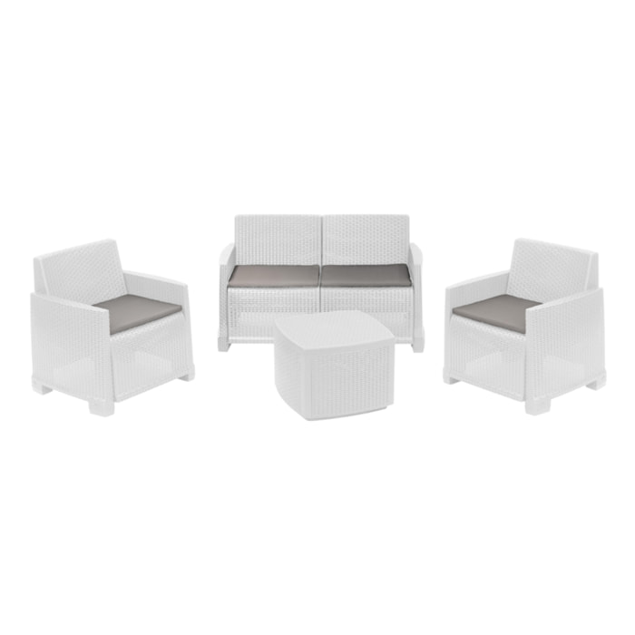 Set salotto da esterno Dbellucc, Set da giardino con 2 poltrone, 1 divano e 1 tavolino contenitore, Effetto rattan con cuscini, 100% Made in Italy, Antracite