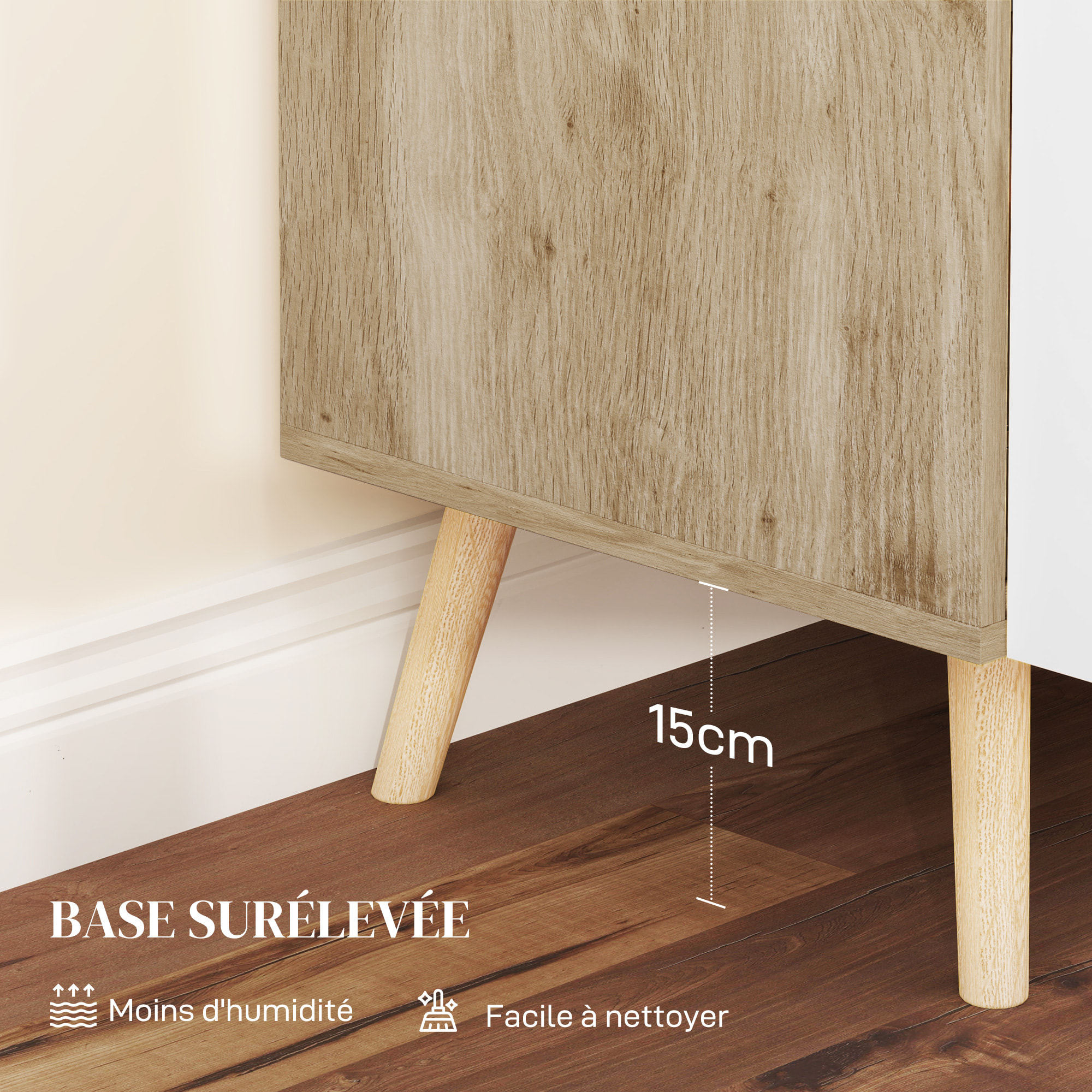 Buffet 2 portes étagère design scandinave - blanc effet chêne clair