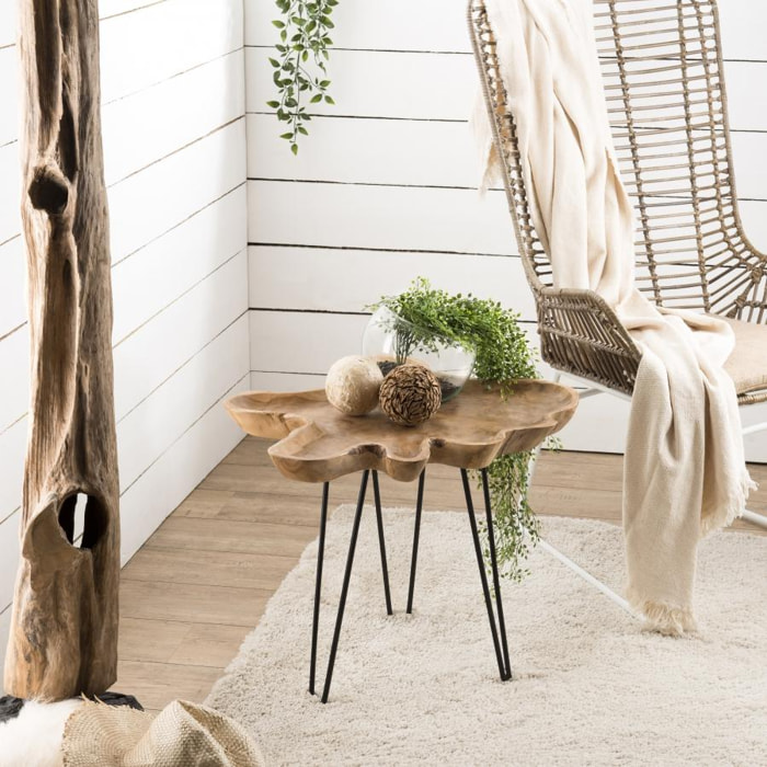 LALY - Table d'appoint bois Teck - plateau forme naturelle - pieds épingles scandi métal