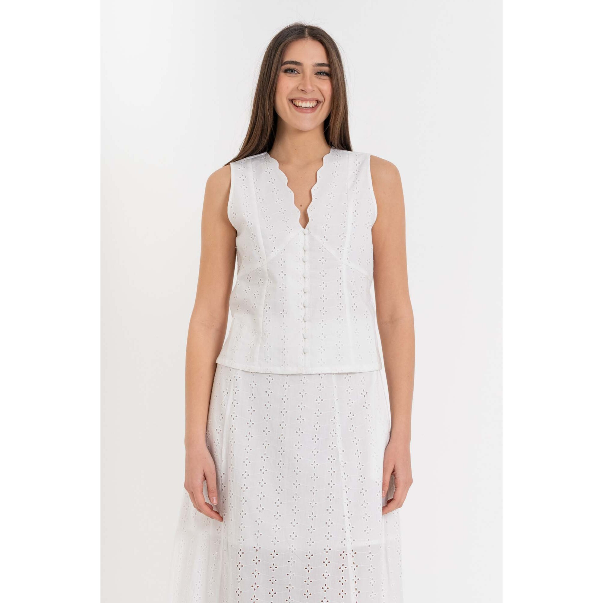 Kocca - Blusa senza maniche in cotone traforato con scollo a V Donna