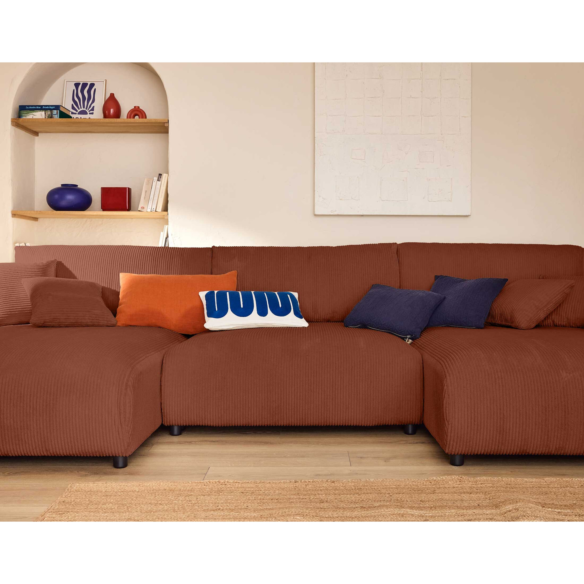 Pivoine - canapé panoramique en U - 7 places - convertible avec coffre - en velours côtelé - Terracotta
