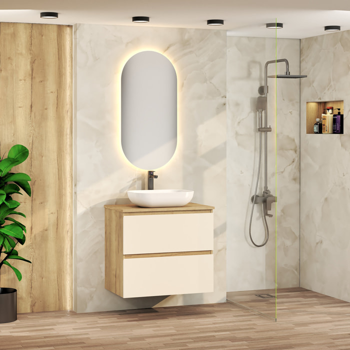 Ensemble de Salle de Bain Nia | Meuble Suspendu | 70 cm Glacier | Deux Tiroirs |Lavabo sur Plan | Miroir non inclus | Meuble Monté | Alday