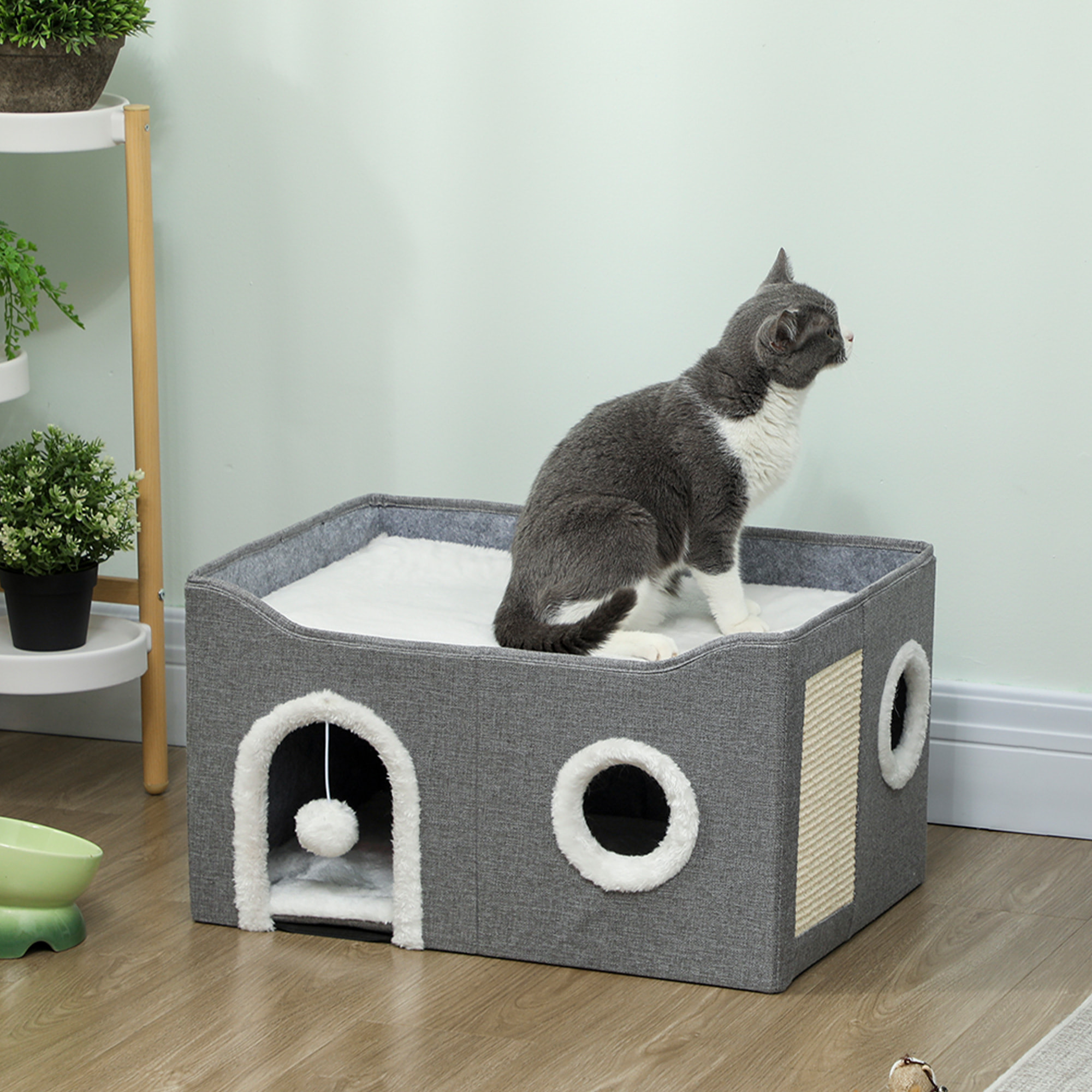 Casa para Gatos Plegable, Cama para Gatos con Rascador, 3 Entradas, Bola Colgante, Cojín Reversible en Felpa y Tipo Lino, para Interior, 60x40X34 cm, Gris