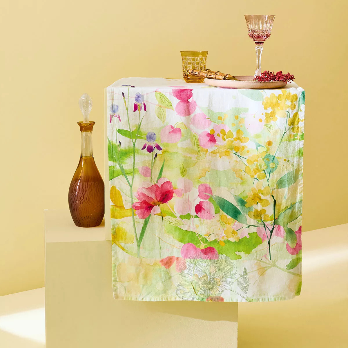 Chemin de table lin & coton lavé 150 g/m² imprimé rose jaune vert Souffle fleuri printemps