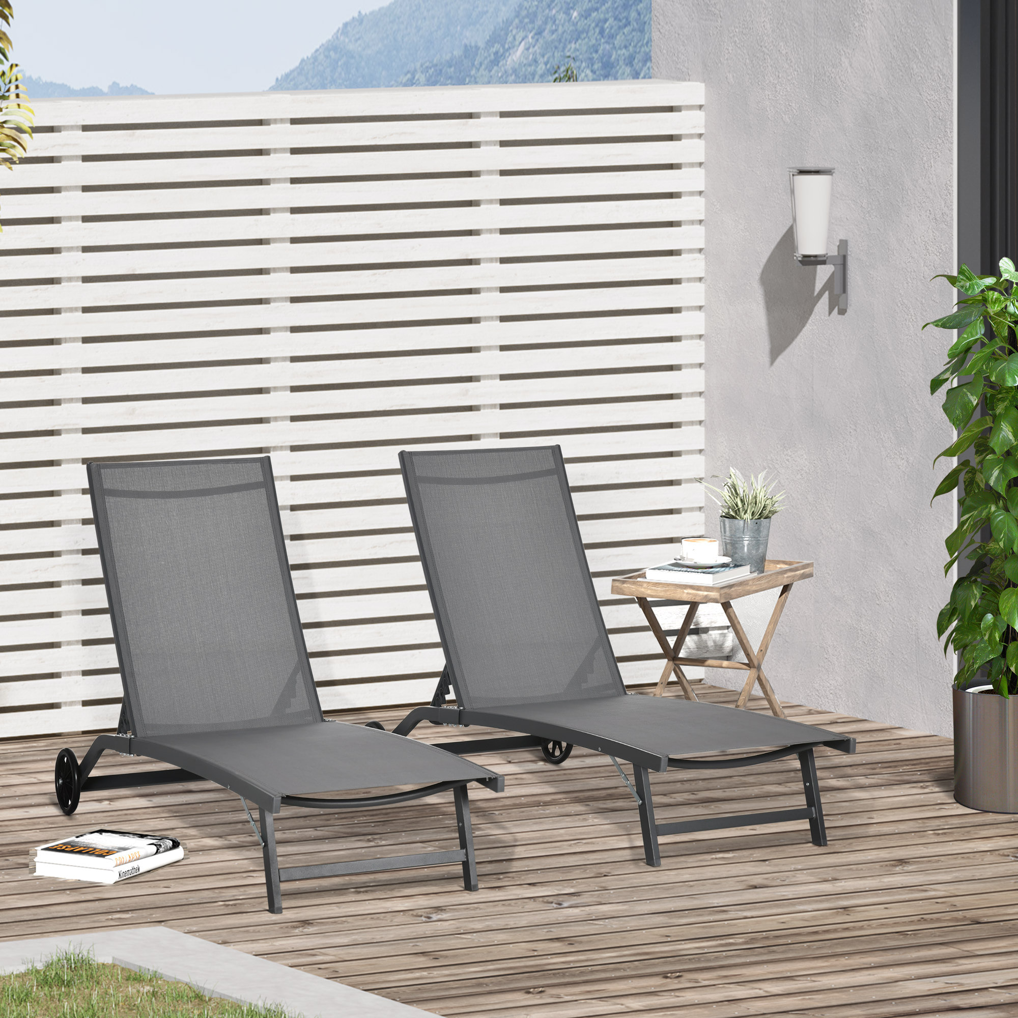 Pack de 2 Tumbonas de Jardín Exterior Tumbonas Reclinables de Aluminio con Respaldo Ajustable de 5 Niveles y Ruedas para Playa Piscina 165x66x102 cm Gris Oscuro