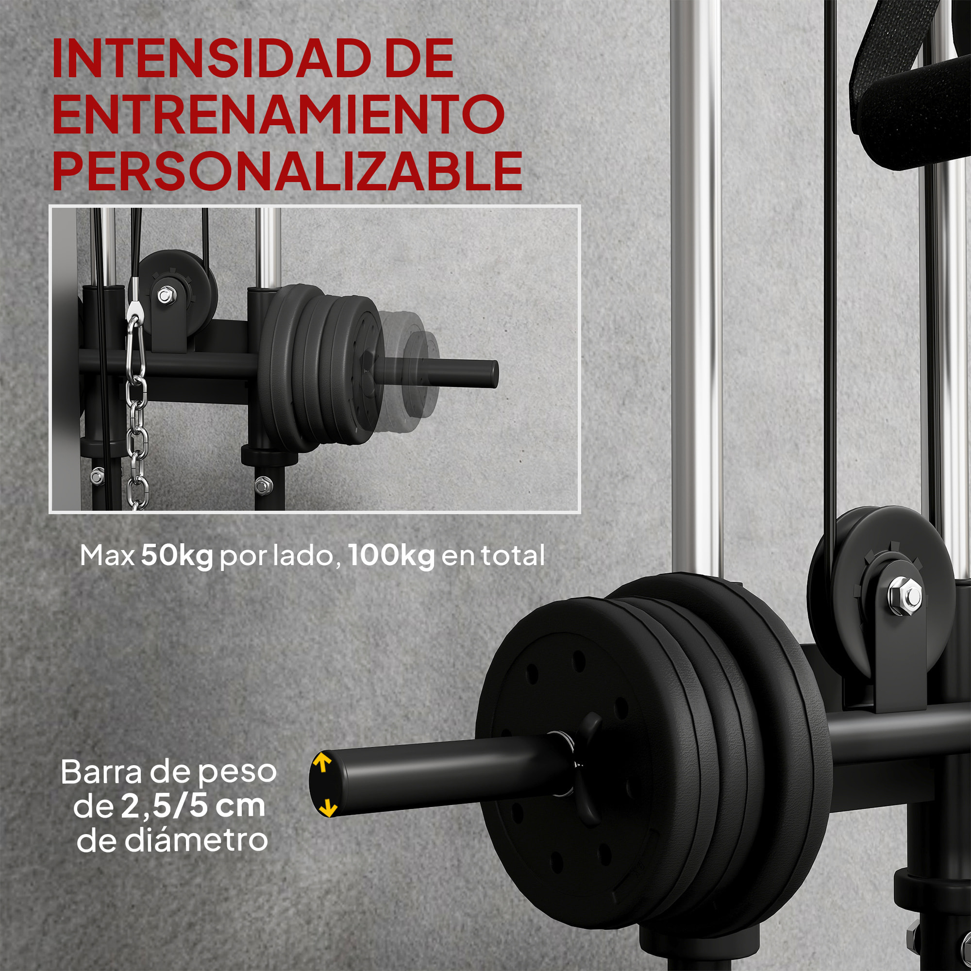 Máquina Polea Alta y Baja de Pared, de Doble Polea Ajustable en 15 Posiciones, Máquina de Musculación, Multifunción Lat Pulldown para Entrenamiento de Fitness en Gimnasio, Casa