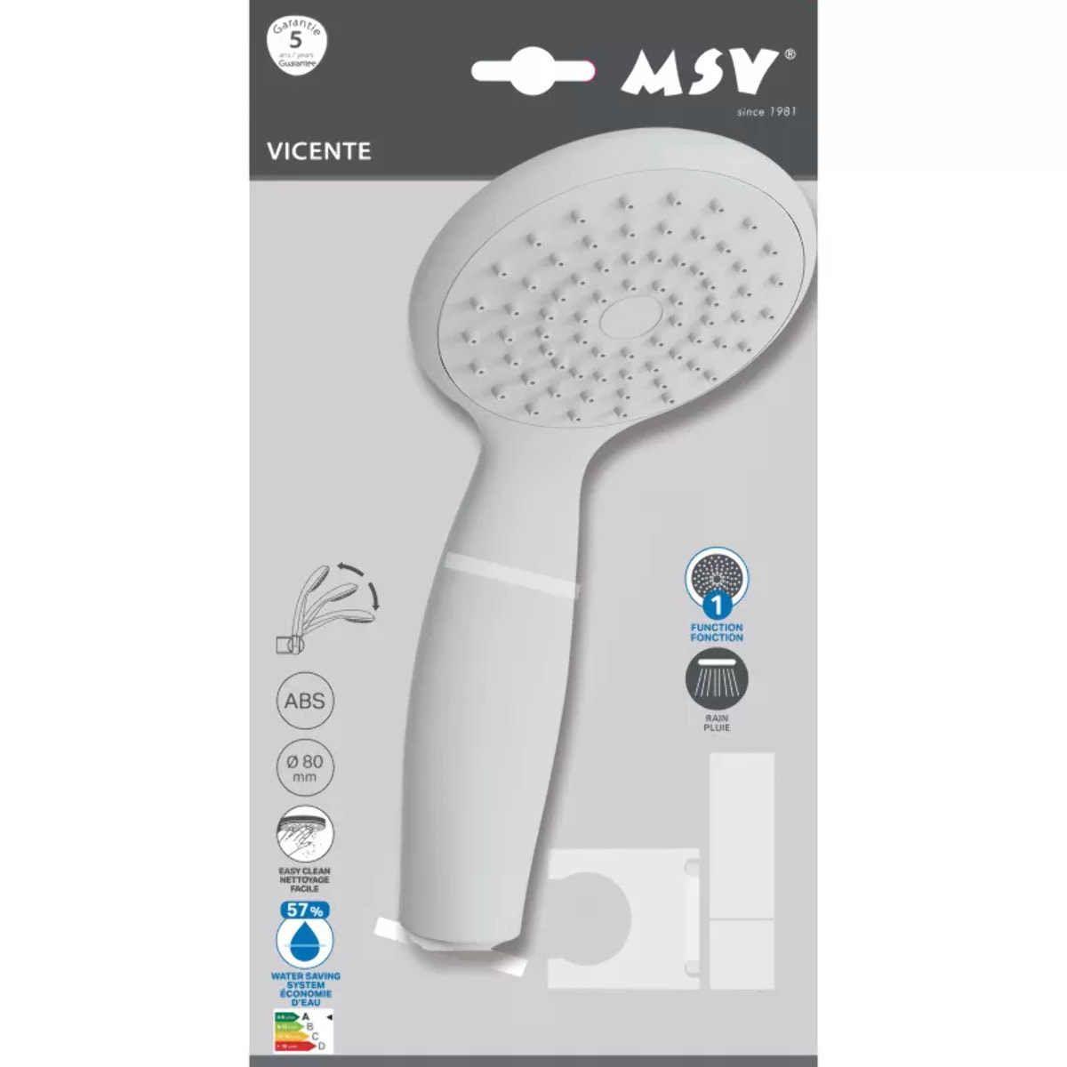 Pommeau de douche Vicente Blanc matt Ø 80 mm avec support mural et flexible 150 cm