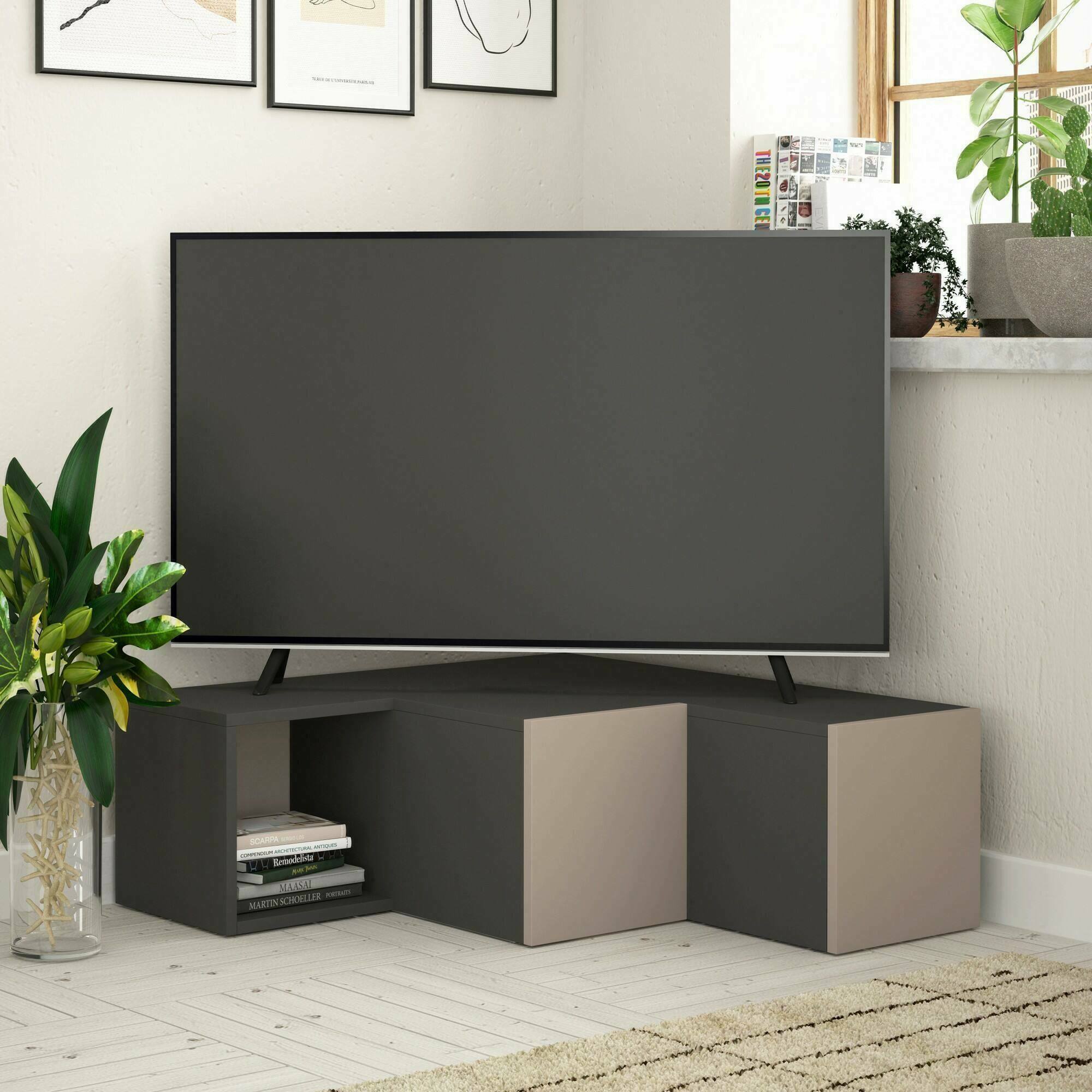 Mobile porta TV Dfallett, Credenza da soggiorno, Armadio basso per TV, Base parete attrezzata, 90x92h32 cm, Antracite e Beige