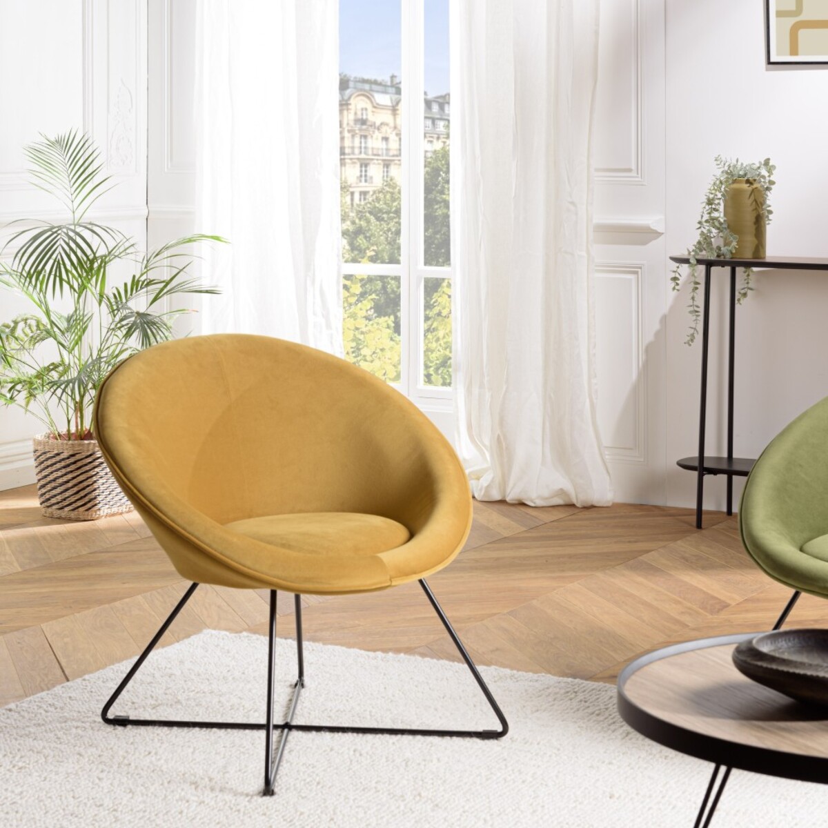 AGATHE - Fauteuil tissu velours jaune moutarde pieds croisés métal noir