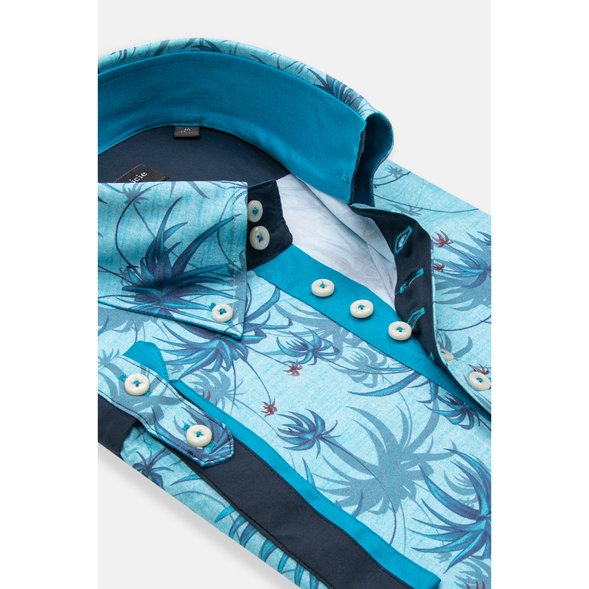 Camicia Uomo Manica Corta 2 Bottoni Button Down 7 Botto Popeline Stampato Turchese/Blu